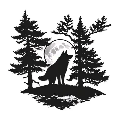 wolf moon pine tree tattoo design idea