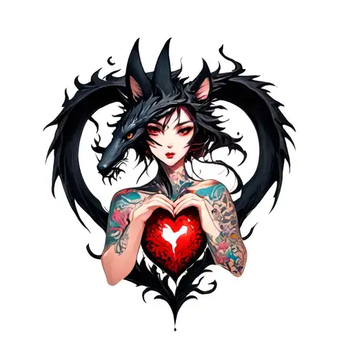 tattooed anime demon fox woman holding a shattered heart with a heart shaped black dragon surround tattoo design idea