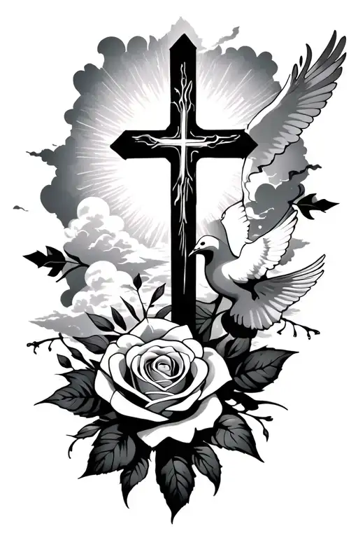 3 crosses at wrist, sunshine and clouds throughout forearm, a rose, and a dove tattoo design idea