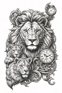lion and two cubs and clock embedded tattoo design idea