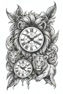 lion and two cubs and clock embedded tattoo design idea