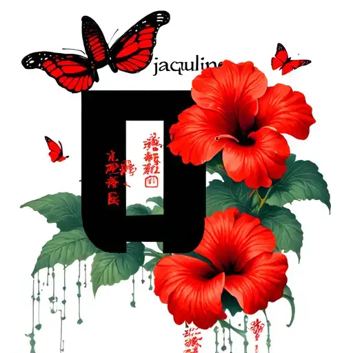 in japanese letters that say jacqueline with red hibiscus flowers and red butterflies  tattoo design idea