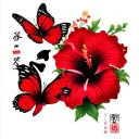 in japanese letters that say jacqueline with red hibiscus flowers and red butterflies  tattoo design idea