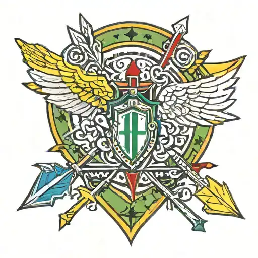 4 arrows pointing to red angel wings , one arrow green, one arrow yellow, one arrow blue, one arrow the Irish flag tattoo design idea