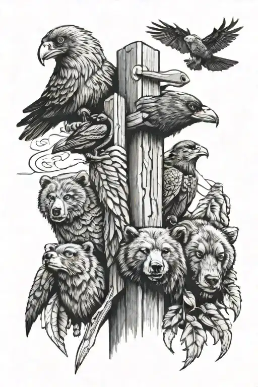 totem pole with bear,salmon,raven,beaver and thunder bird tattoo design idea