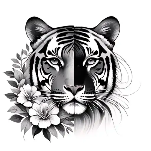 floral half tiger half women face tattoo design idea