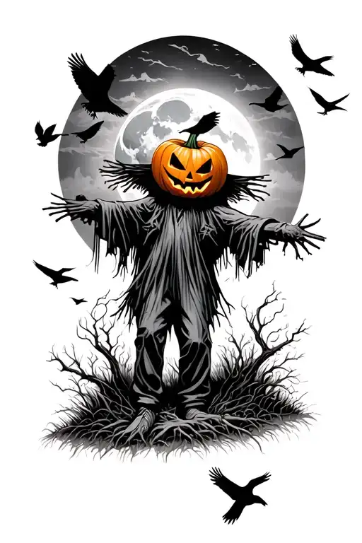 Scarecrow with pumpkin head and crows flying overhead, with moon in the background tattoo design idea