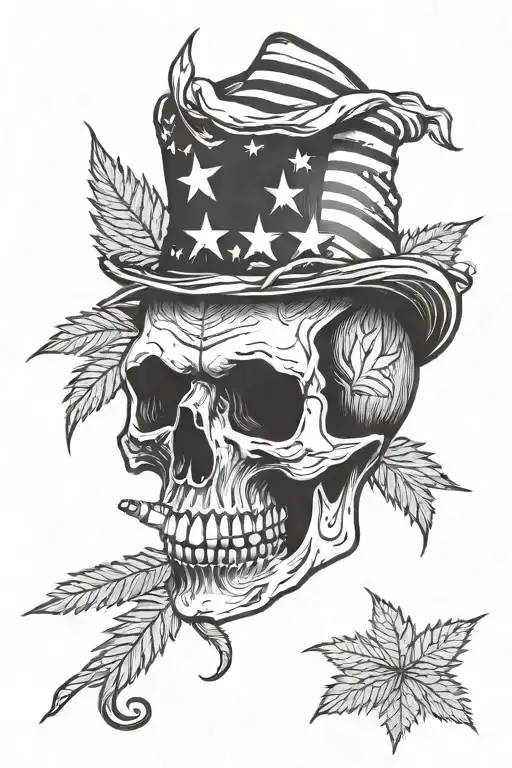 skull smoking a joint and Marijuana leaves and american flag with "Bubba" text tattoo design idea