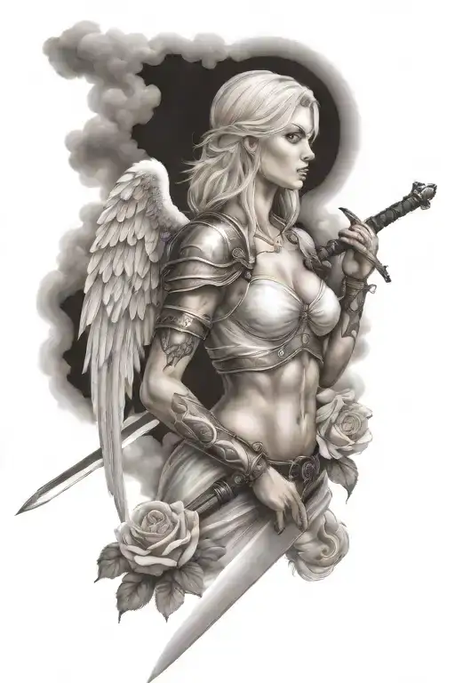 a sexy blond female angel as a warrior with some clouds, a rose and a Cross for a halfsleeve tattoo tattoo design idea