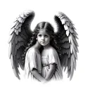 Two small children, a big sister qnd little sister, both with angel wings facing what could resemble heaven tattoo design idea