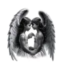 Two small children, a big sister qnd little sister, both with angel wings facing what could resemble heaven tattoo design idea