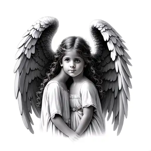 Two small children, a big sister qnd little sister, both with angel wings facing what could resemble heaven tattoo design idea