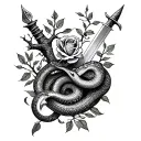 Forest with dagger and tree of life and snake with a rose in its mouth tattoo design idea