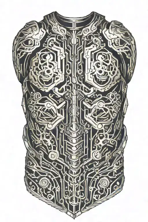 Armor made of interlocking circuits, with glowing light shining through cracks in the armor. tattoo design idea