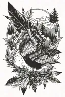 turkey feather, native american arrows, hilly forest, night time moon tattoo design idea