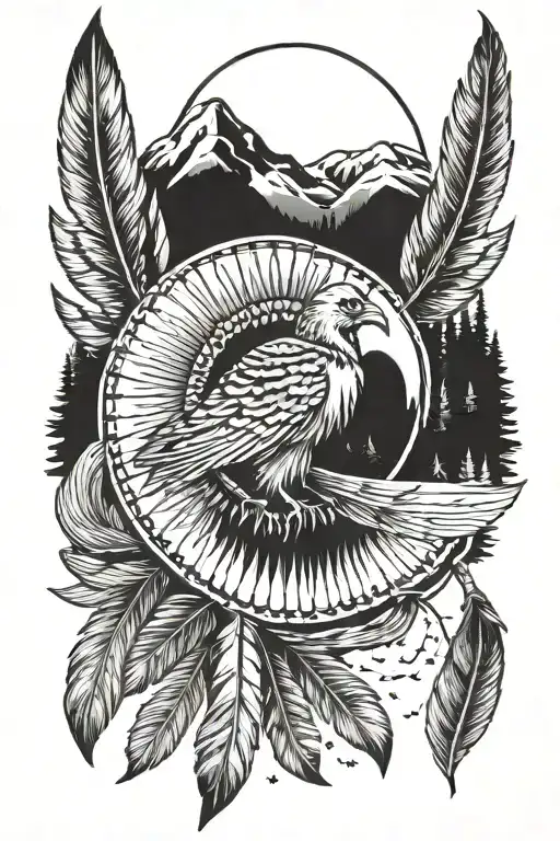 turkey feather, native american arrows, hilly forest, night time moon tattoo design idea