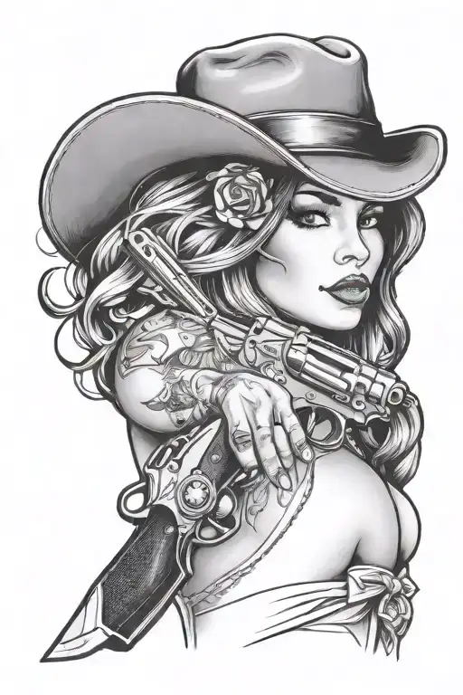 Sexy Latina, Hat, Revolver, Knife tattoo design idea