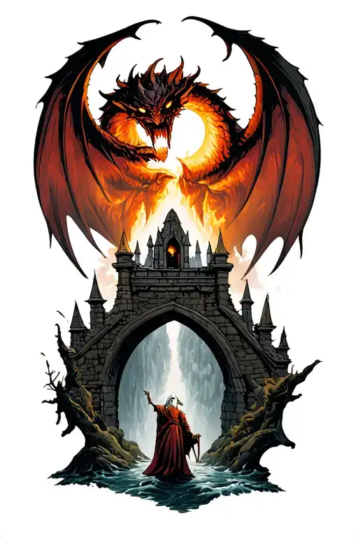 Lord of the rings sleeve featuring the balrog in moria on the bridge starting at the wrist with gandalf on the bridge tattoo design idea