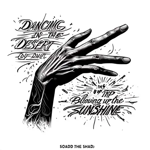 A realistic, dark-themed tattoo design of an outstretched hand in perspective, black and grey shading, gritty sketch lines, chaotic grunge text around the hand that says 'Dancing in the desert', 'Blowing up the sunshine', and 'SOAD', high contrast, tattoo stencil style tattoo design idea