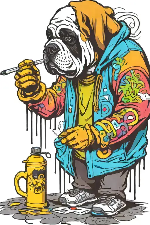 standing graffiti artist creating a masterpiece. replace human head for st Bernard head. holding a marker pen tattoo design idea