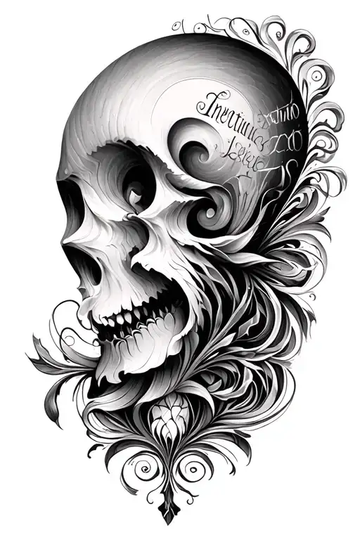 Elegant black and white tattoo design, includes fractal patterns, Latin words ‘Inventio, Excessus, Laetitia’, symmetrica tattoo design idea