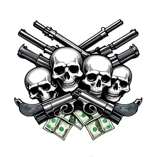 Skulls guns money drugs Family tattoo Dad, 3 boys and 2 girls tattoo design idea