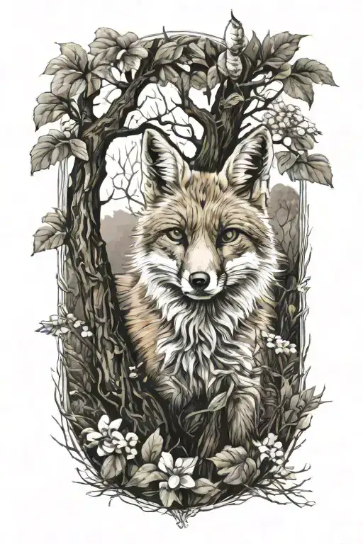 fox under a tree tattoo design idea