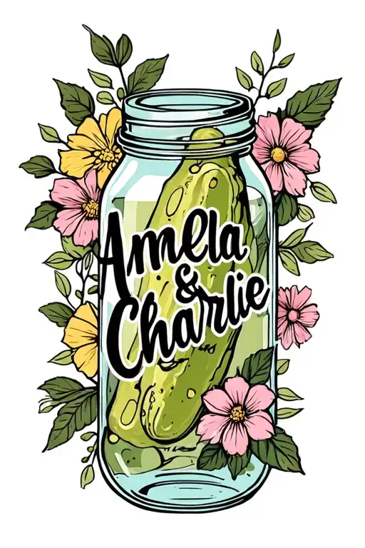 "Amelia & Charlie" pickle jar and flowers surrounding tattoo design idea