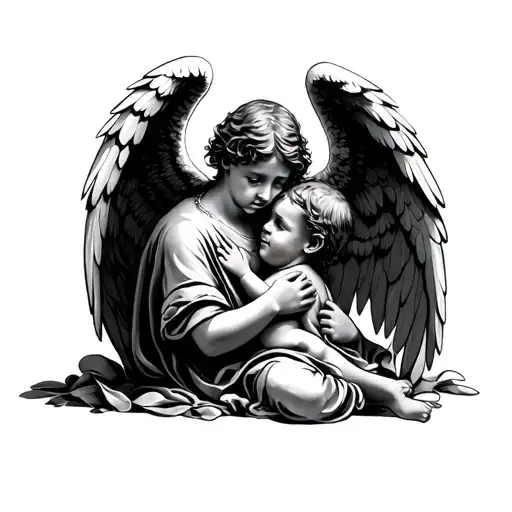 angel shielding a little boy with wings tattoo design idea