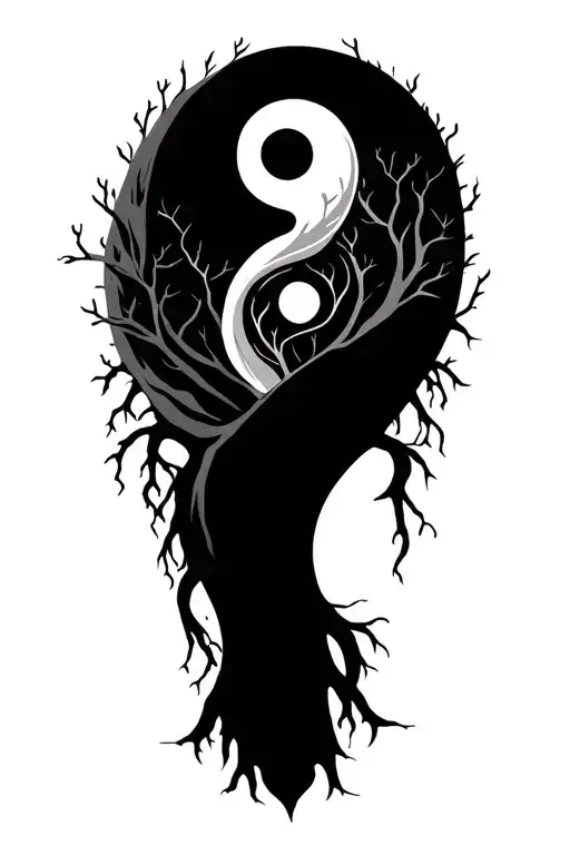 Tattoo Template: Life tree, man and woman closely wrapped as a tree trunk, branches like the Yin and Yang symbol, were grew tattoo design idea