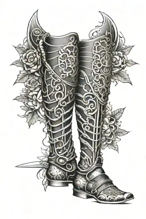 leg sleeve, blackout, samurai armor style, tibia and calf, shin guards, minimalist details, no ankle coverage, full blac tattoo design idea