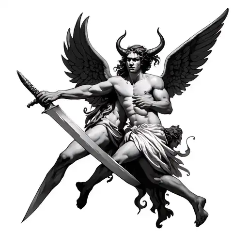 Cupid and the Devil with a knife wants to kill tattoo design idea