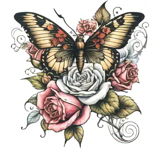 upside-down rose with butterfly and dragonfly wings  tattoo design idea