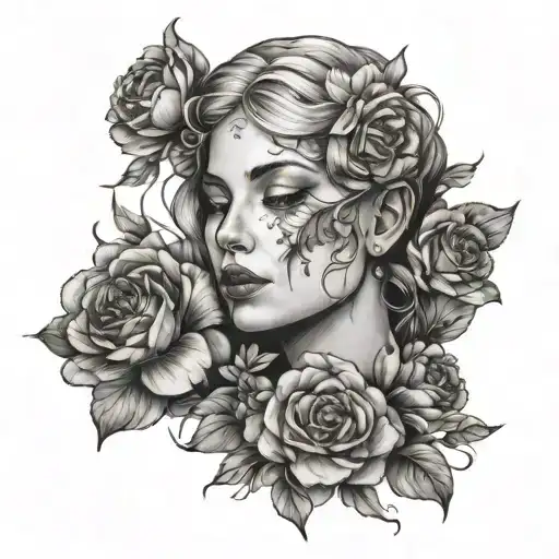 portrait with flowers realestic tattoo design idea