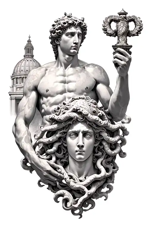 Perseus holding the head of Medusa and behind the Basilica of the Vatican tattoo design idea