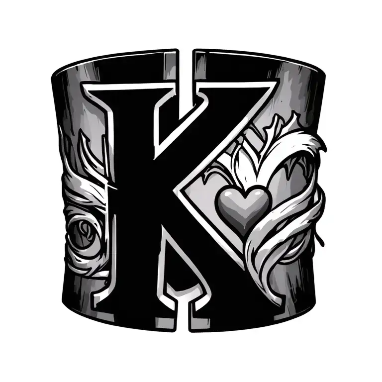 thin bracelet tattoo with the letter k, warrior symbol, and a heart tattoo design idea