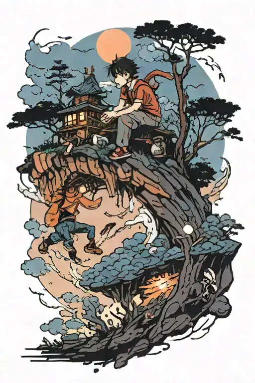 2 guys on the hill are trying to catch a zipper bag. At dusk tattoo design idea