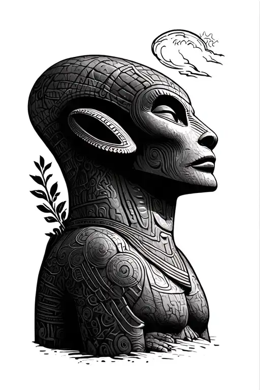 closed arm tattoo based on aliens from the past, should contain the moai of Easter Island and the Nazca lines tattoo design idea