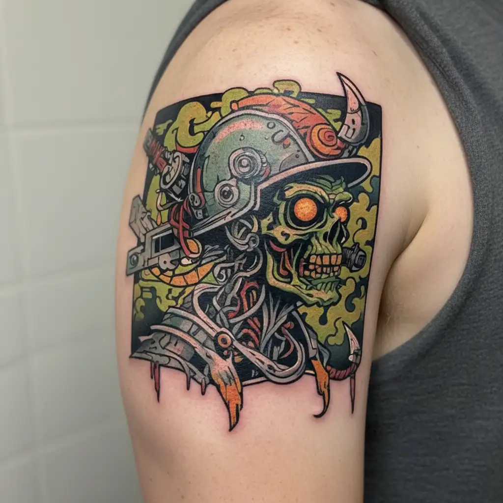 Electrician zombie with helmet with neon details from head to toe tattoo design idea