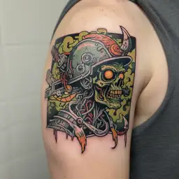Electrician zombie with helmet with neon details from head to toe tattoo design idea