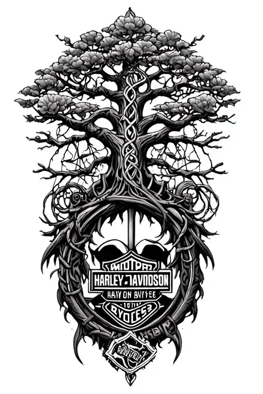gothic celtic steampunk tree of life, libra scale & harley davidson motor tattoo design idea
