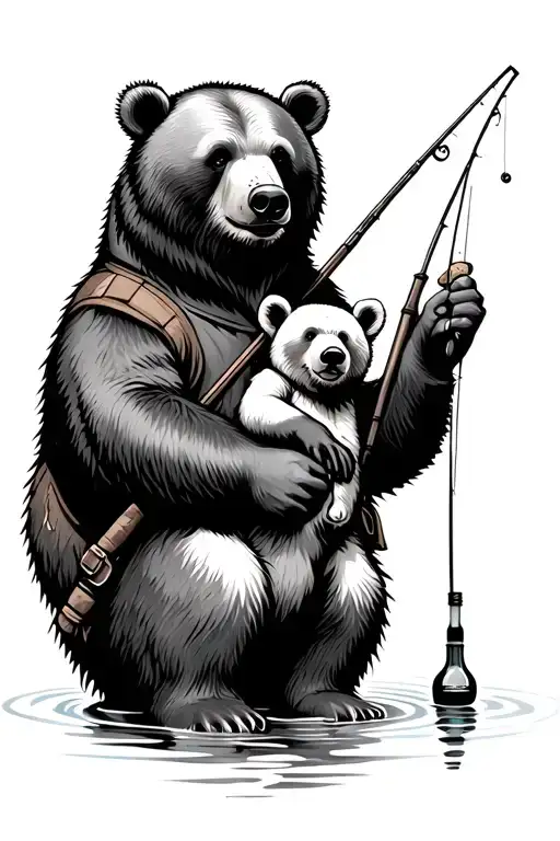 papa Bear holding baby bear fishing pole tattoo design idea