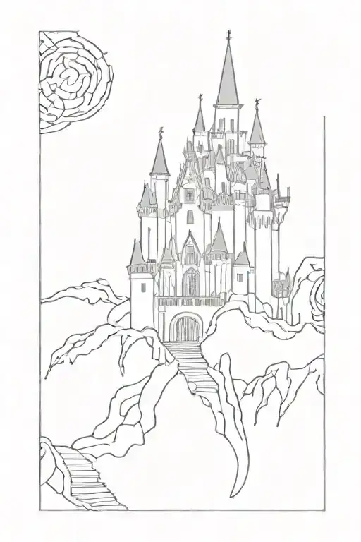 haotic gothic big castle cathedral hell curved distorted castle with blood with  roots and eoroghlips stair roots blood tattoo design idea
