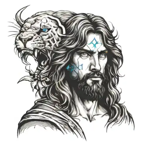 face of Jesus Christ from right side over half of angry lion's face with blue eyes tattoo design idea