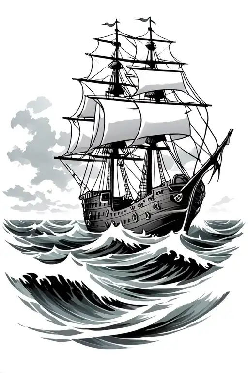 a pirate ship that sails in the waves flowing hair tattoo design idea