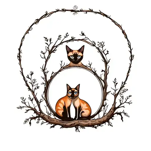 victorian style orange tabby cat and siamese cat sitting in vintage vintage frame made of roots dark vitorian tattoo design idea