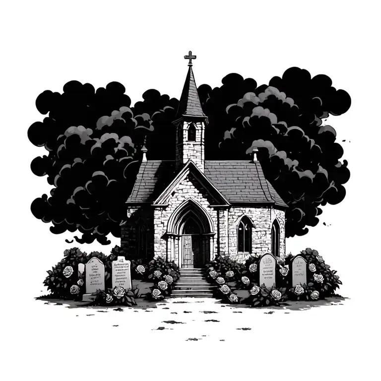old abanond ruin  church  with dark clouds and grave stones and black rose bushes tattoo design idea