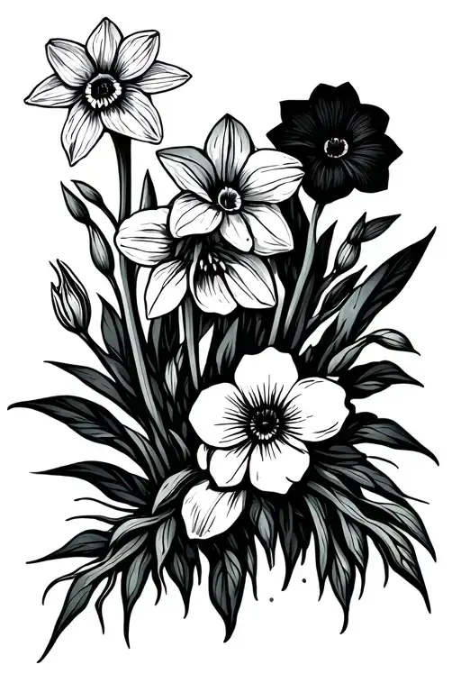 garden of snowdrop, marigold, narcissus, and morning glory with roots forming cross tattoo design idea