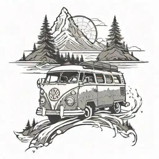 Combine Volleyball, Water, Mountains and a VW Bus in a Fineline / Black and White Tattoo tattoo design idea