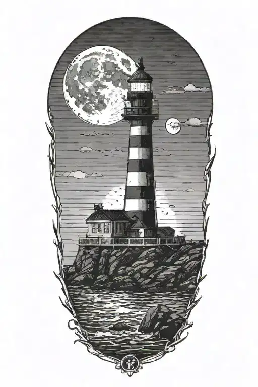 A lone hermit, wandering by the ocean, looking out at sea. Light house or monastery in the background and full moon tattoo design idea